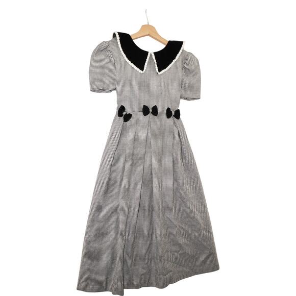 Vintage Bonnie Jean Girls Houndstooth Dress Black Velvet Collar Bows Size 16 - Picture 2 of 9